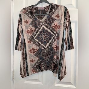 Size small handkerchief bandana print beige blue red blouse top